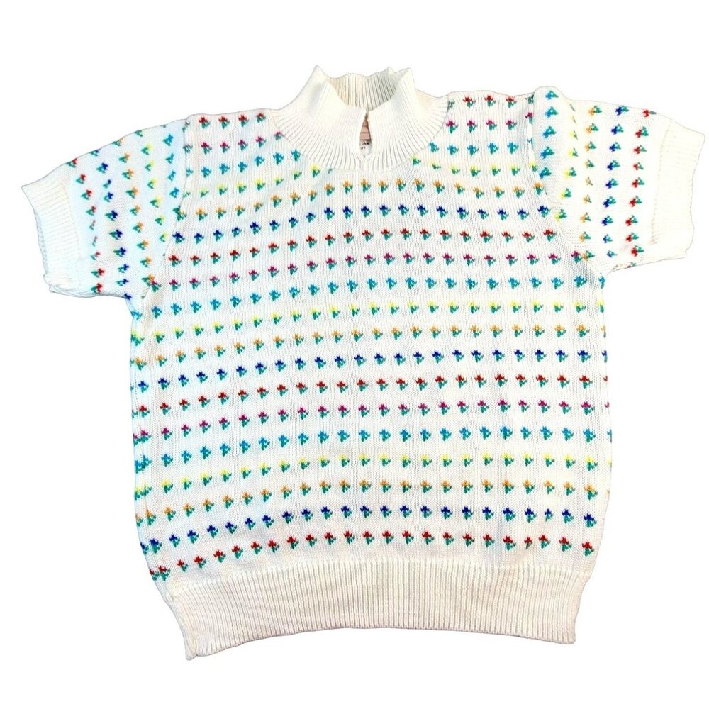 Womens Pullover Sweater Top Rainbow Flower Pattern Collared Polo Size M JH1237